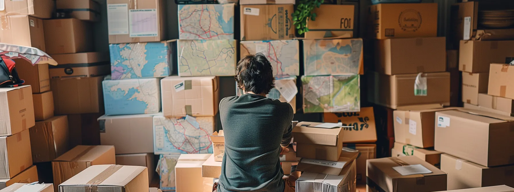 a person surrounded by stacks of moving boxes, maps of san francisco and new york, and a checklist of legal considerations, preparing for a cross-country move from san francisco to new york.