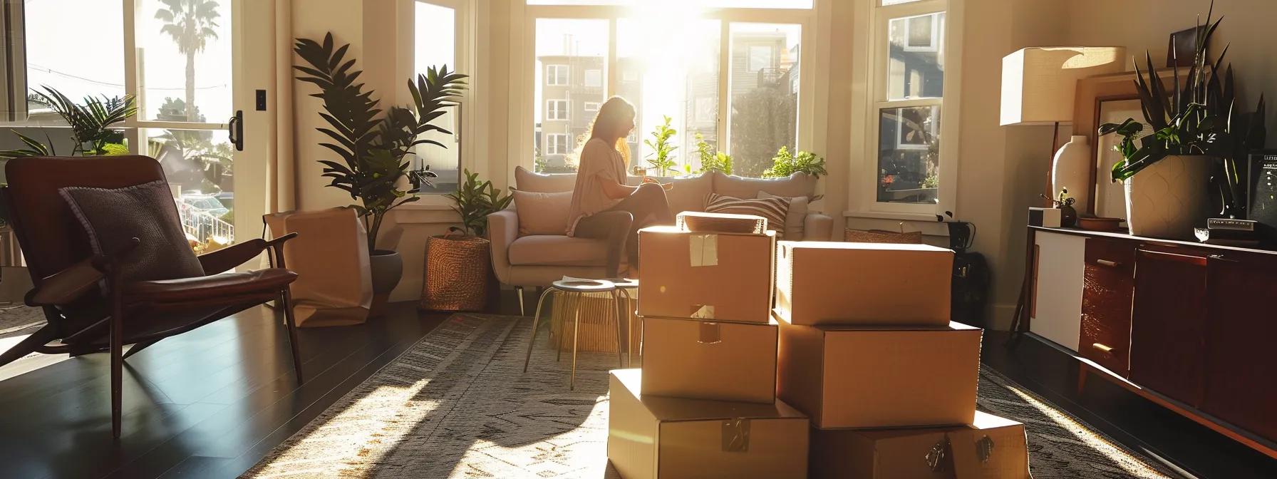 a person unpacking moving boxes in a sunlit living room, surrounded by neatly organized furniture and decor, signifying a smooth transition to a new home in downtown san francisco. a person unpacking moving boxes in a sunlit living room, surrounded by neatly organized furniture and decor, signifying a smooth transition to a new home in downtown san francisco.