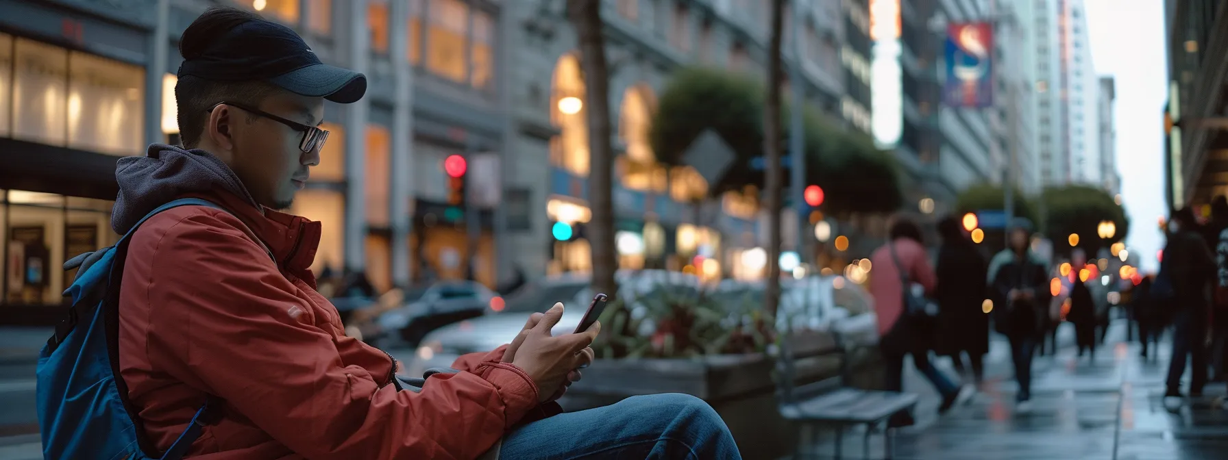 a person updating their information and services in a bustling urban cityscape of downtown san francisco. a person updating their information and services in a bustling urban cityscape of downtown san francisco.