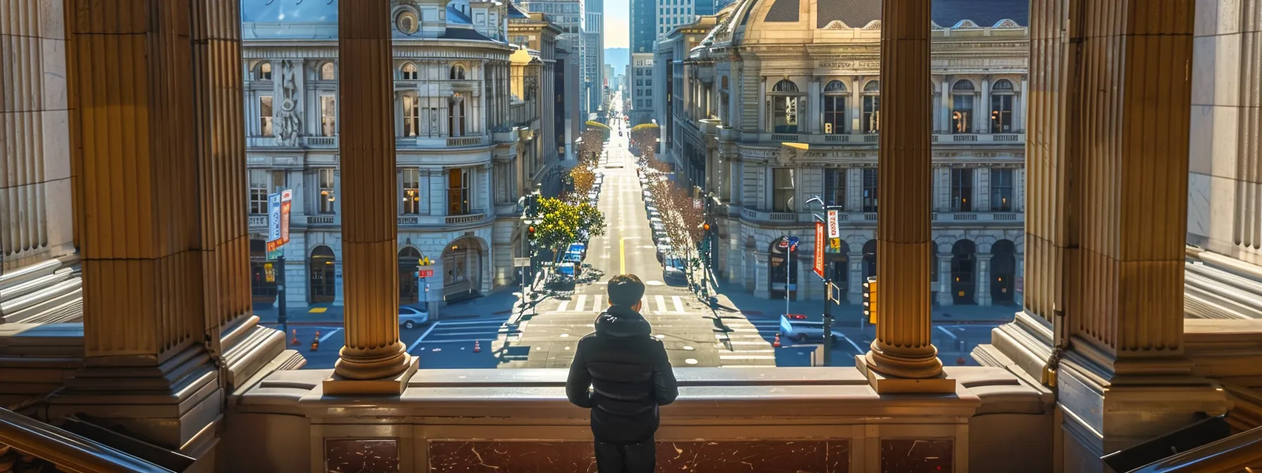 a person updating their new address at a cozy san francisco town hall surrounded by iconic city landmarks, with a view of the bustling streets and vibrant city life.