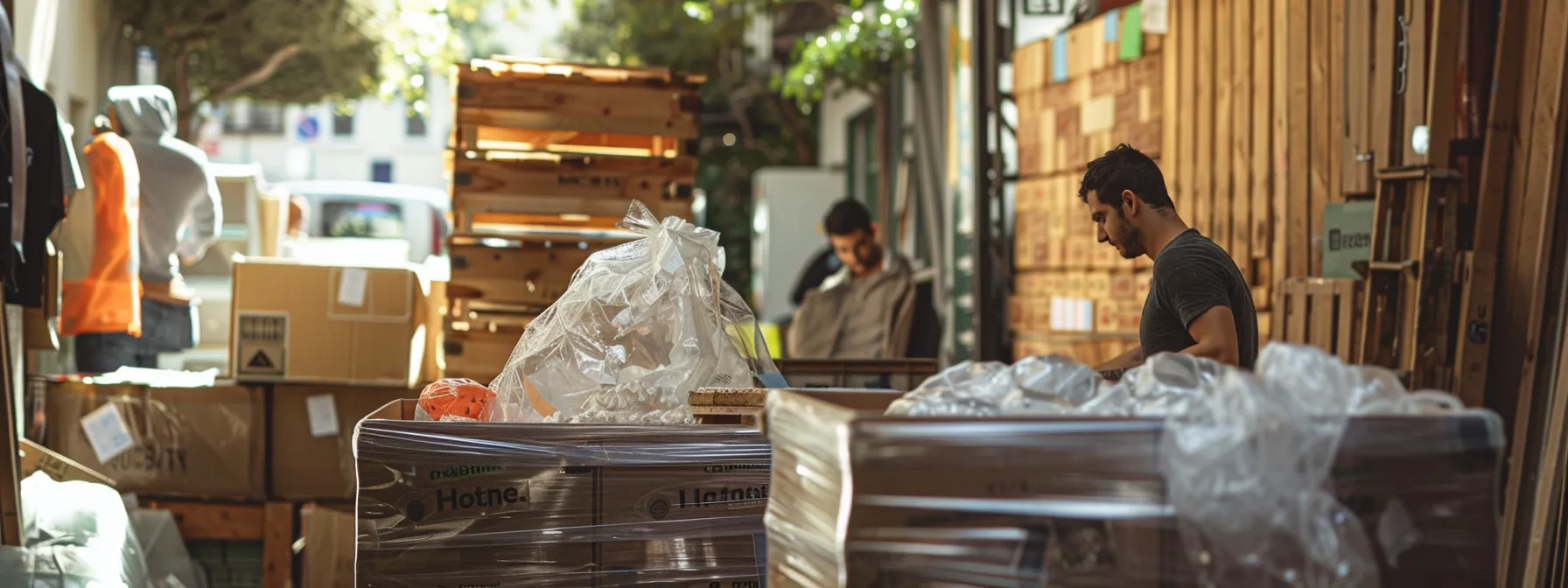 a photo of a san francisco mover packing in eco-friendly crates and bubble wrap, surrounded by recycled materials, showcasing support for local eco-initiatives. a photo of a san francisco mover packing in eco-friendly crates and bubble wrap, surrounded by recycled materials, showcasing support for local eco-initiatives.