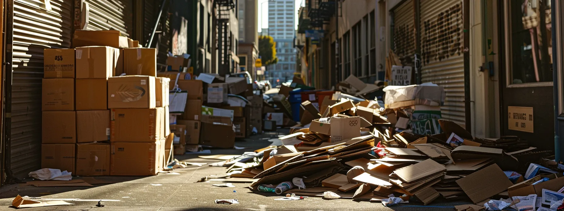 a pile of flattened cardboard boxes gathered from local businesses and neighbors, along with repurposed household items like newspapers and towels, displayed in a sunny alley of downtown san francisco. a pile of flattened cardboard boxes gathered from local businesses and neighbors, along with repurposed household items like newspapers and towels, displayed in a sunny alley of downtown san francisco.