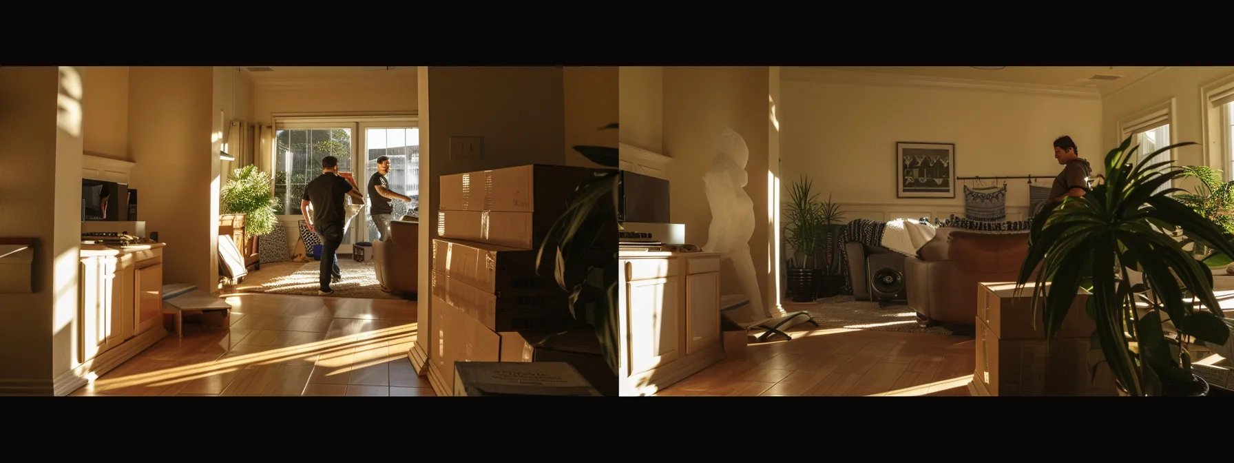 a professional and efficient moving team carefully transferring boxes and furniture into a new home, ensuring a stress-free and smooth transition.