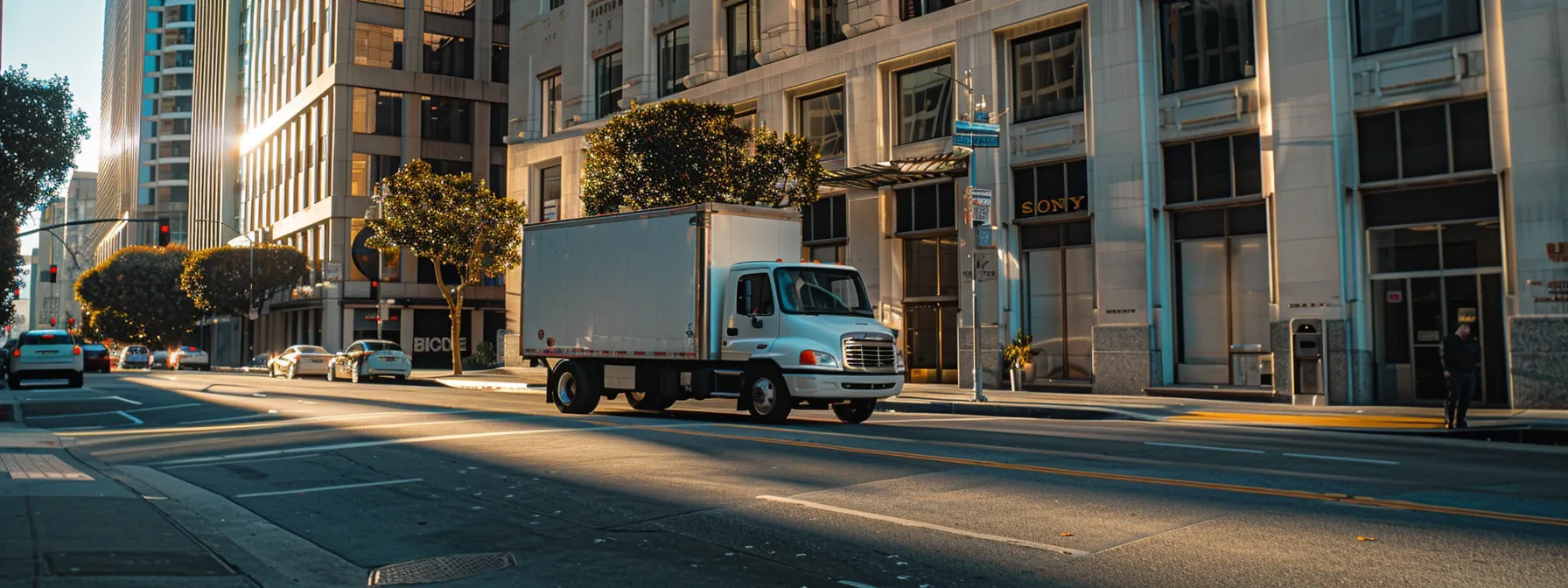a professional commercial moving company vehicle parked outside a high-rise office building in downtown san francisco. a professional commercial moving company vehicle parked outside a high-rise office building in downtown san francisco.