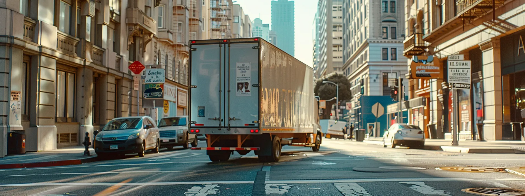 a professional interstate moving company transferring furniture through the bustling streets of downtown san francisco, showcasing efficiency and expertise in relocation services. a professional interstate moving company transferring furniture through the bustling streets of downtown san francisco, showcasing efficiency and expertise in relocation services.