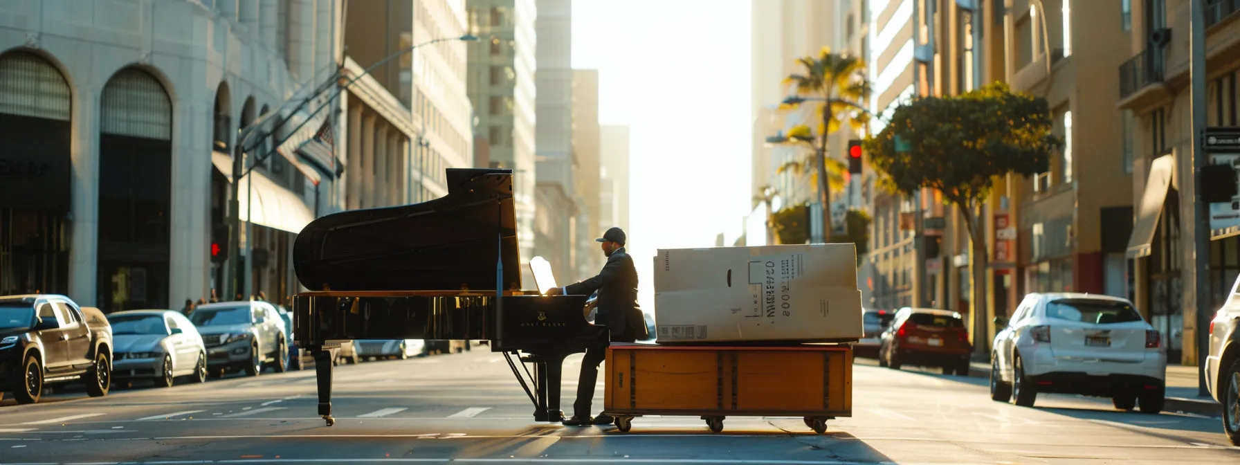 a professional mover carefully maneuvering a grand piano through the urban landscape of la.