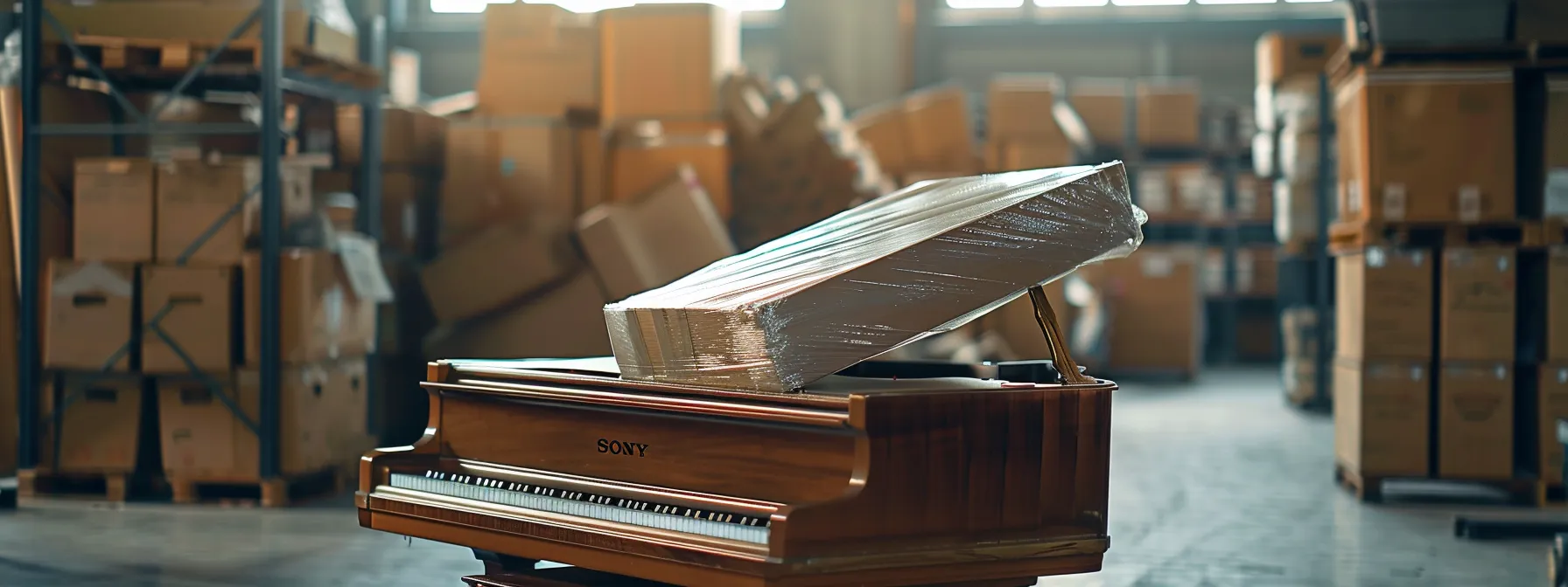 a professional mover carefully wrapping a delicate piano for safe storage during a seamless relocation process. a professional mover carefully wrapping a delicate piano for safe storage during a seamless relocation process.