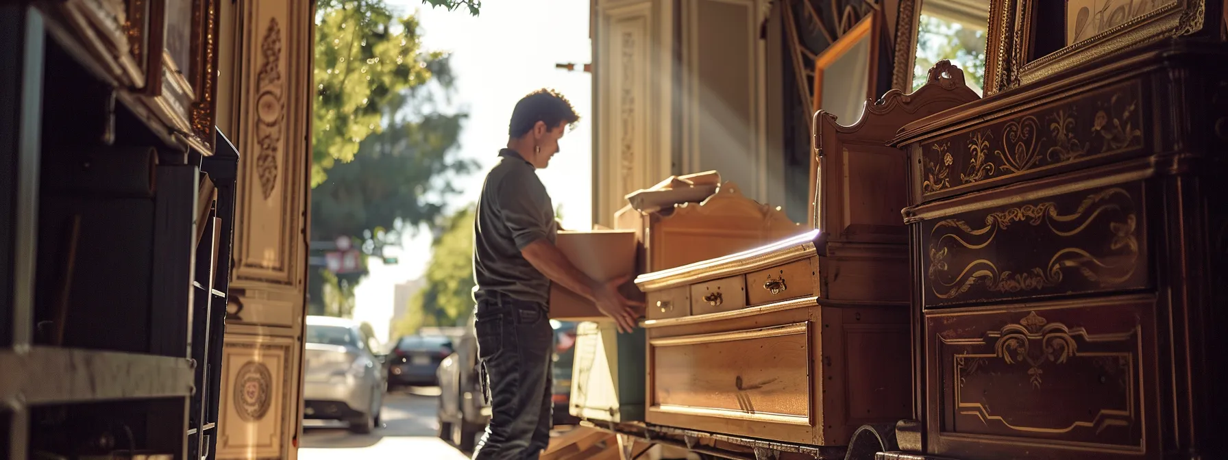 a professional mover carefully inspecting and wrapping antique furniture before loading it into a specialized moving truck in los angeles.