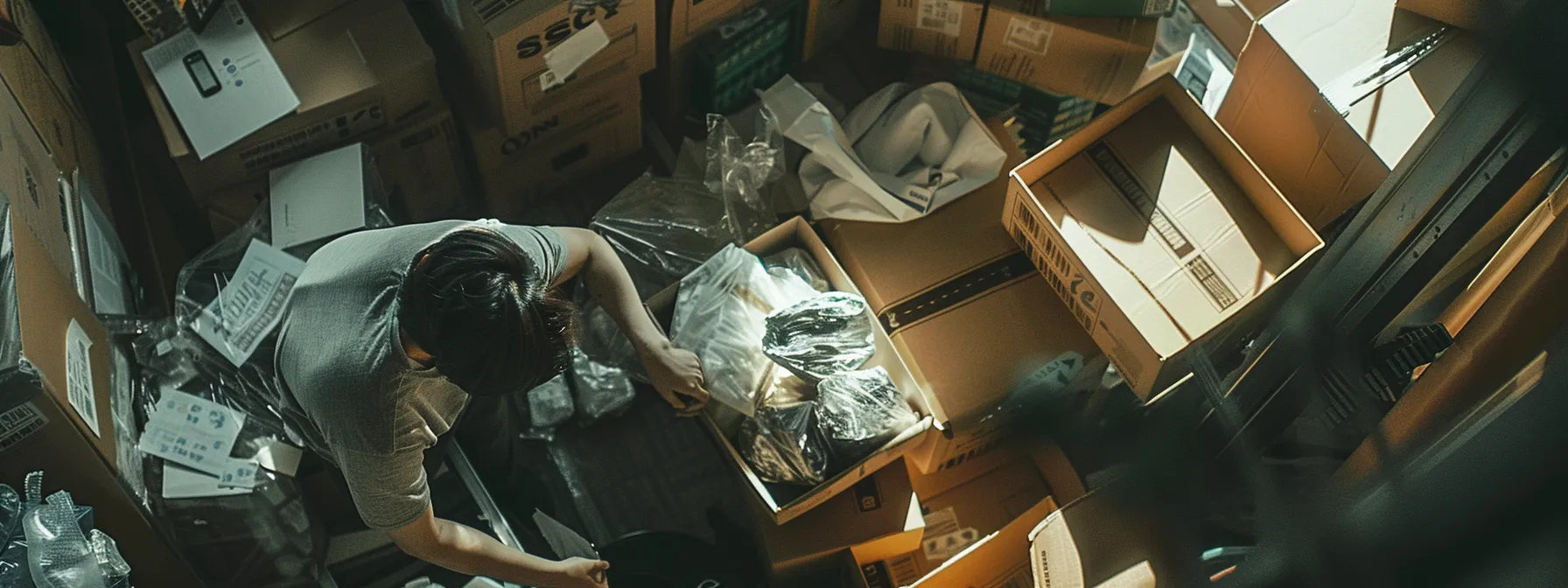 a professional mover carefully packing fragile items into a sturdy moving box, surrounded by high-quality packing materials and advanced equipment.