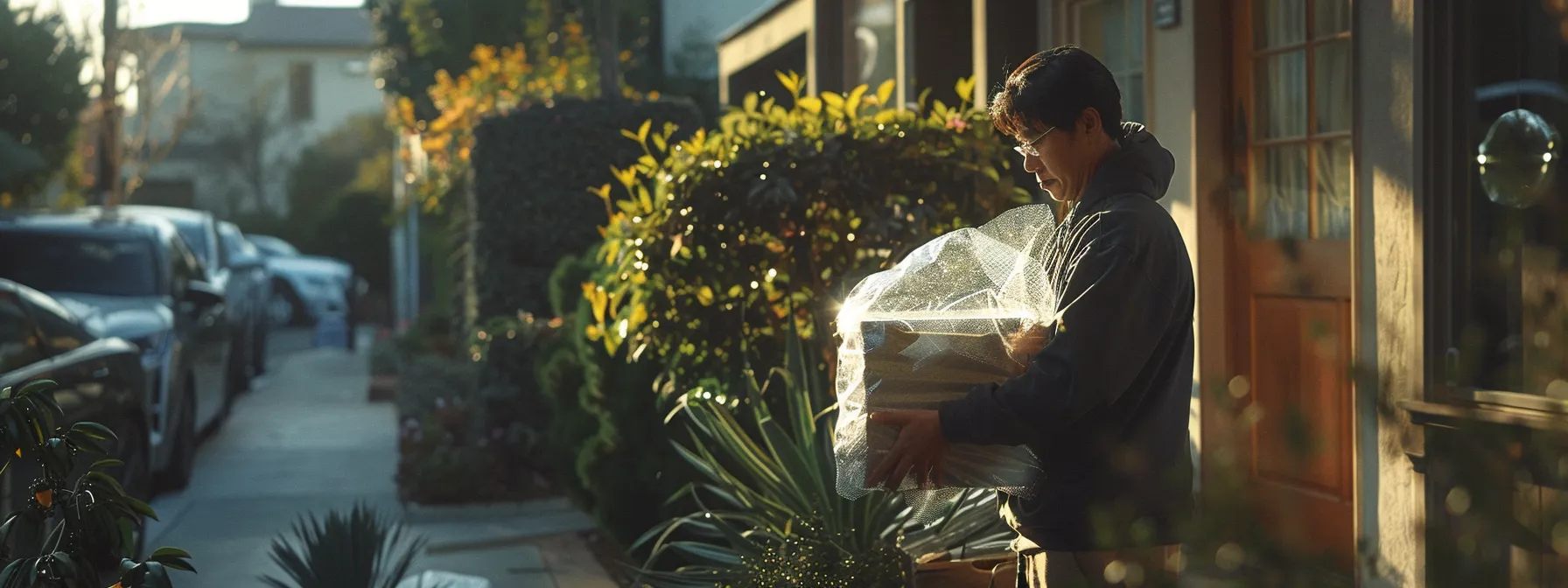 a professional mover carefully wrapping delicate items in protective bubble wrap in a sunny los angeles neighborhood. a professional mover carefully wrapping delicate items in protective bubble wrap in a sunny los angeles neighborhood.