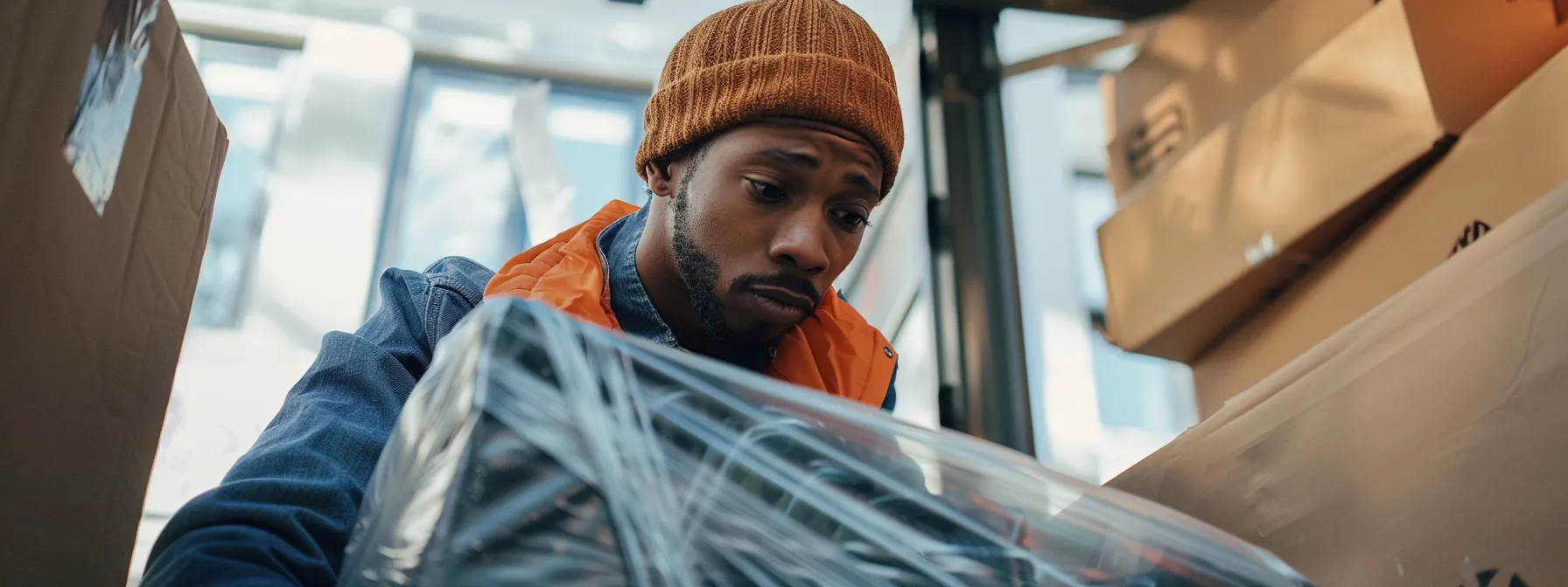 a professional mover in los angeles carefully wrapping fragile items in protective material with a focused, attentive expression on their face. a professional mover in los angeles carefully wrapping fragile items in protective material with a focused, attentive expression on their face.