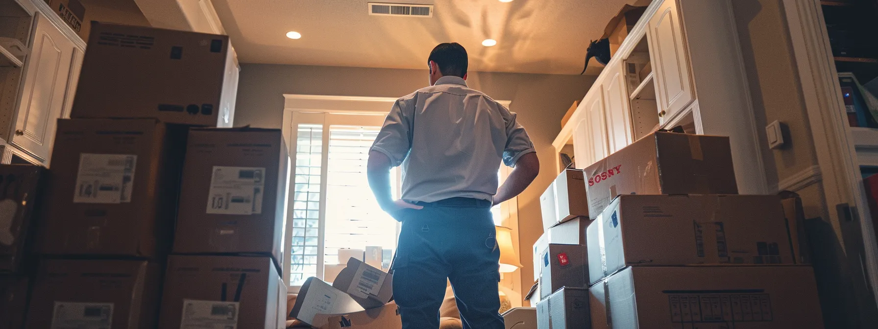 a professional mover in orange county, ca meticulously inspecting their licenses and insurance credentials, surrounded by glowing customer reviews and membership certificates from industry associations.