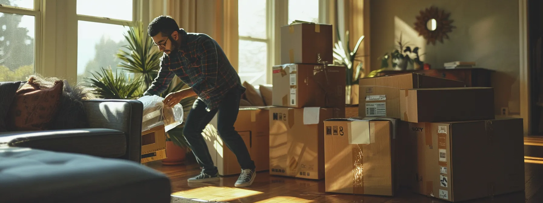 a professional mover in san francisco carefully wrapping delicate items, surrounded by labeled moving boxes in a spacious living room. a professional mover in san francisco carefully wrapping delicate items, surrounded by labeled moving boxes in a spacious living room.