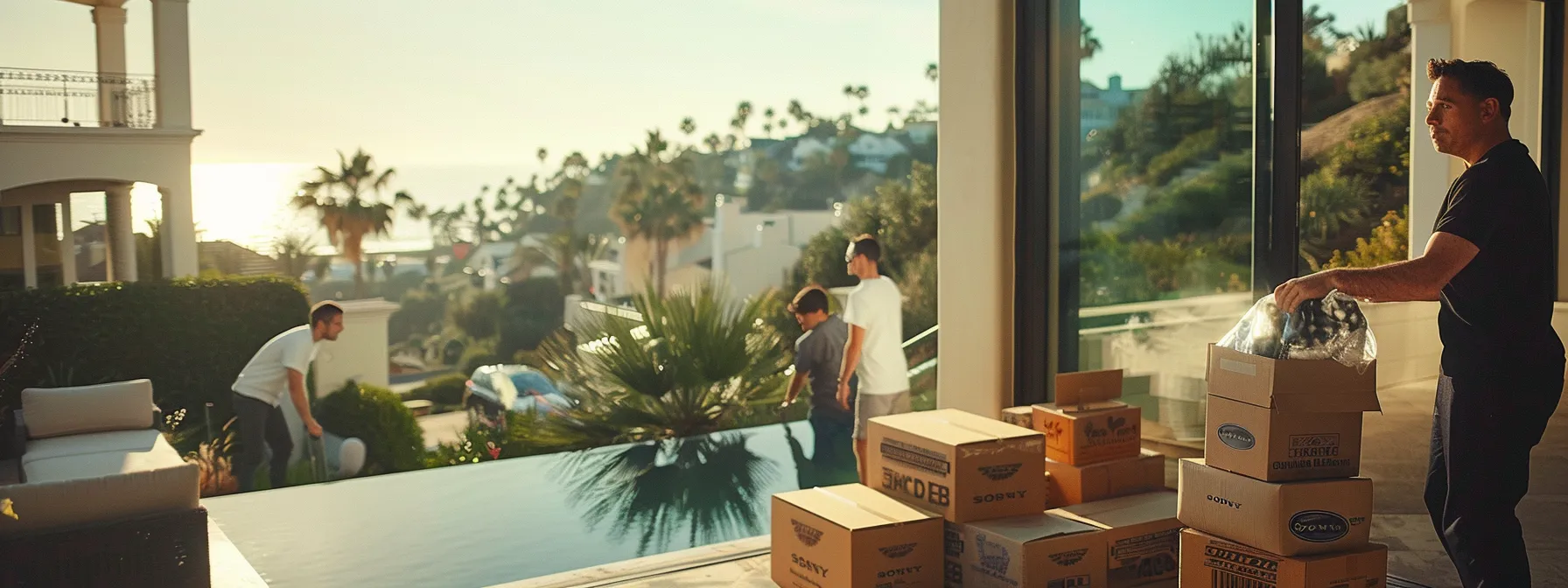 a professional moving company team expertly packing fragile items in custom boxes, with the scenic backdrop of laguna beach visible through the window. a professional moving company team expertly packing fragile items in custom boxes, with the scenic backdrop of laguna beach visible through the window.
