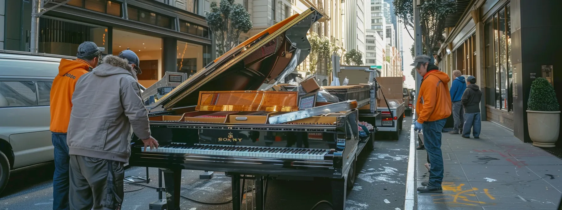 a professional moving company carefully loading a grand piano onto a moving truck in downtown san francisco. a professional moving company carefully loading a grand piano onto a moving truck in downtown san francisco.
