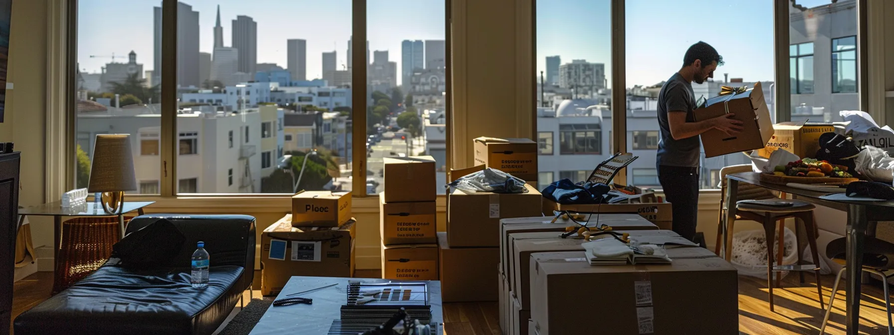 a professional moving company carefully packing delicate items in a san francisco apartment, with boxes neatly labeled and ready for transport. a professional moving company carefully packing delicate items in a san francisco apartment, with boxes neatly labeled and ready for transport.