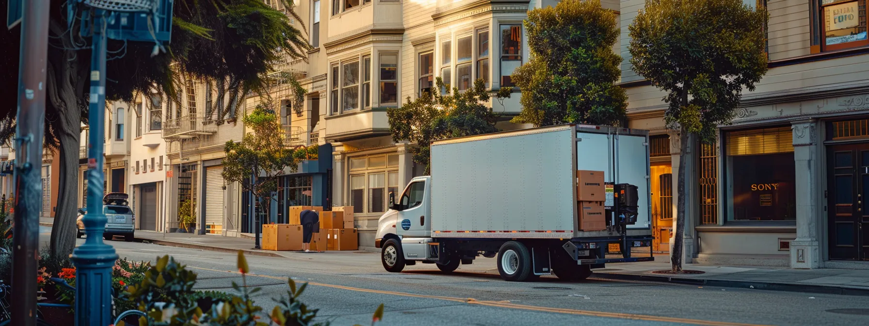 a professional moving company truck parked on a busy san francisco street, with movers unloading specialty items carefully labeled and organized, showcasing their expertise in safe transportation. a professional moving company truck parked on a busy san francisco street, with movers unloading specialty items carefully labeled and organized, showcasing their expertise in safe transportation.