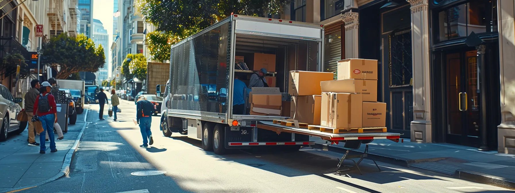 a professional moving crew carefully loading boxes and furniture into a moving truck in downtown san francisco. a professional moving crew carefully loading boxes and furniture into a moving truck in downtown san francisco.