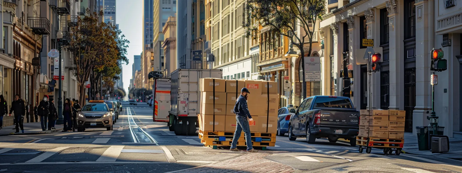 a professional moving crew carefully transporting office equipment and files through the bustling streets of downtown san francisco. a professional moving crew carefully transporting office equipment and files through the bustling streets of downtown san francisco.