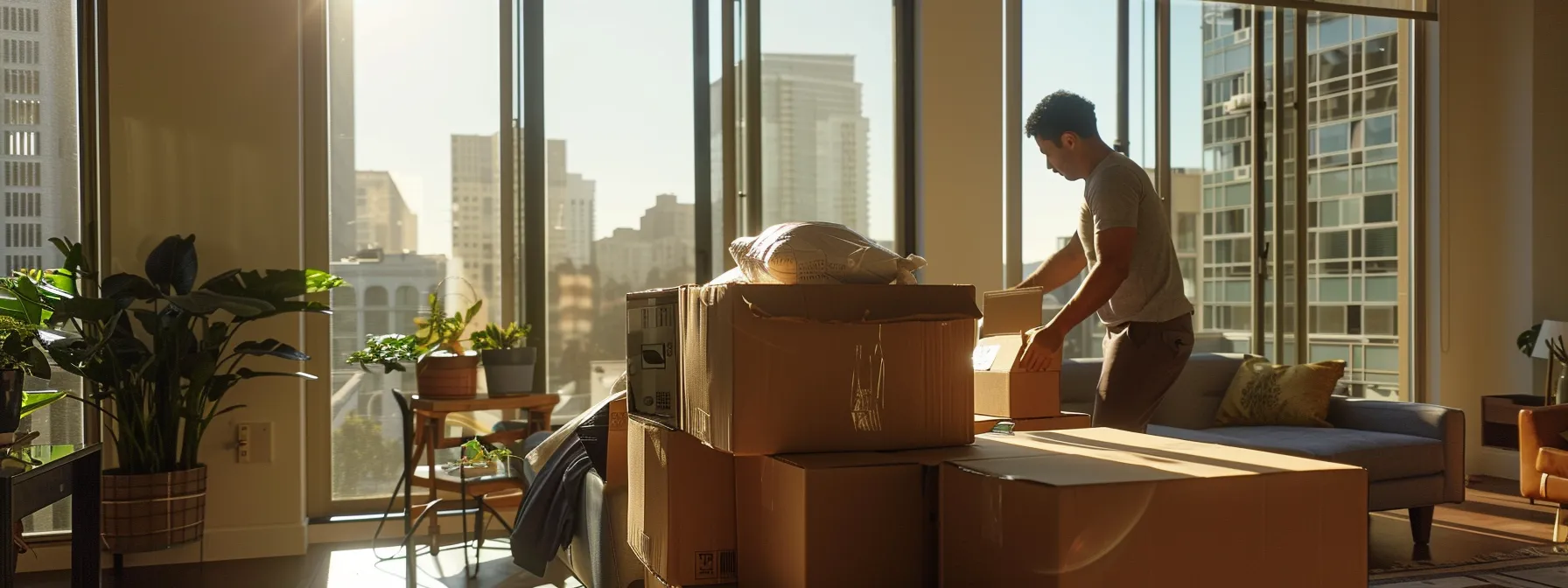 a professional moving crew carefully packing delicate belongings in a modern downtown san francisco apartment.