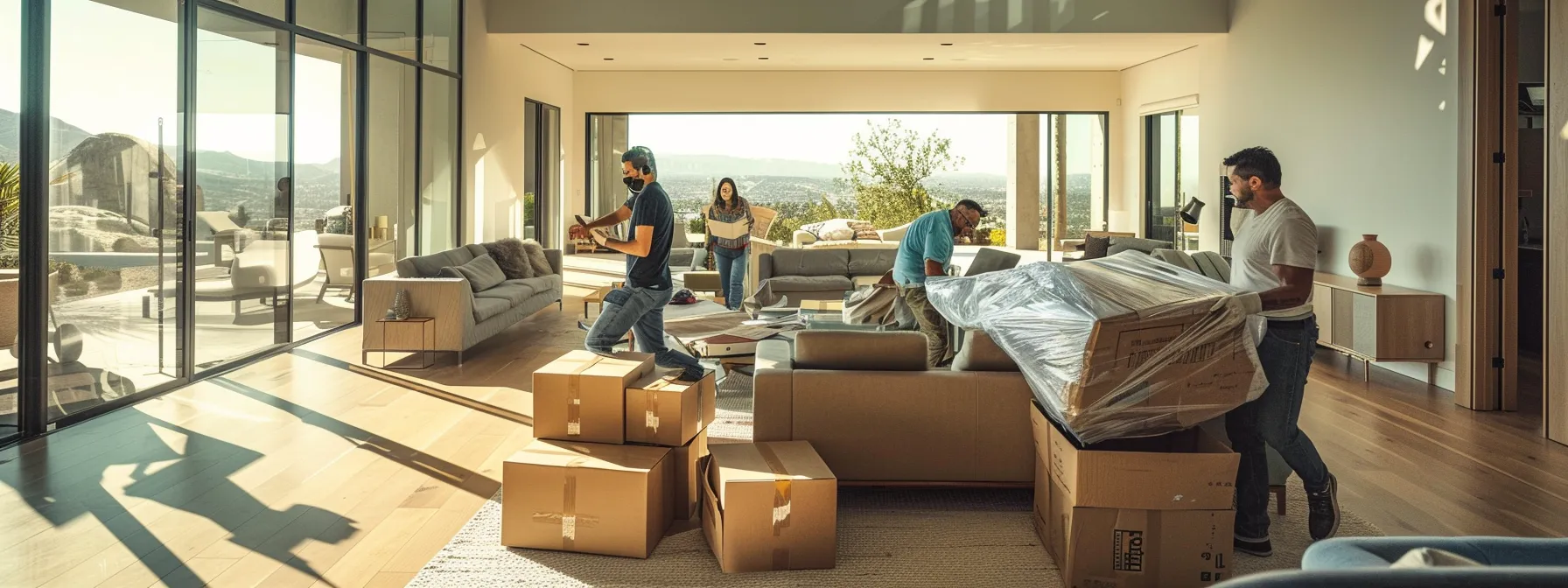 a professional moving crew carefully wrapping and securing furniture in a modern, spacious living room in los angeles. a professional moving crew carefully wrapping and securing furniture in a modern, spacious living room in los angeles.
