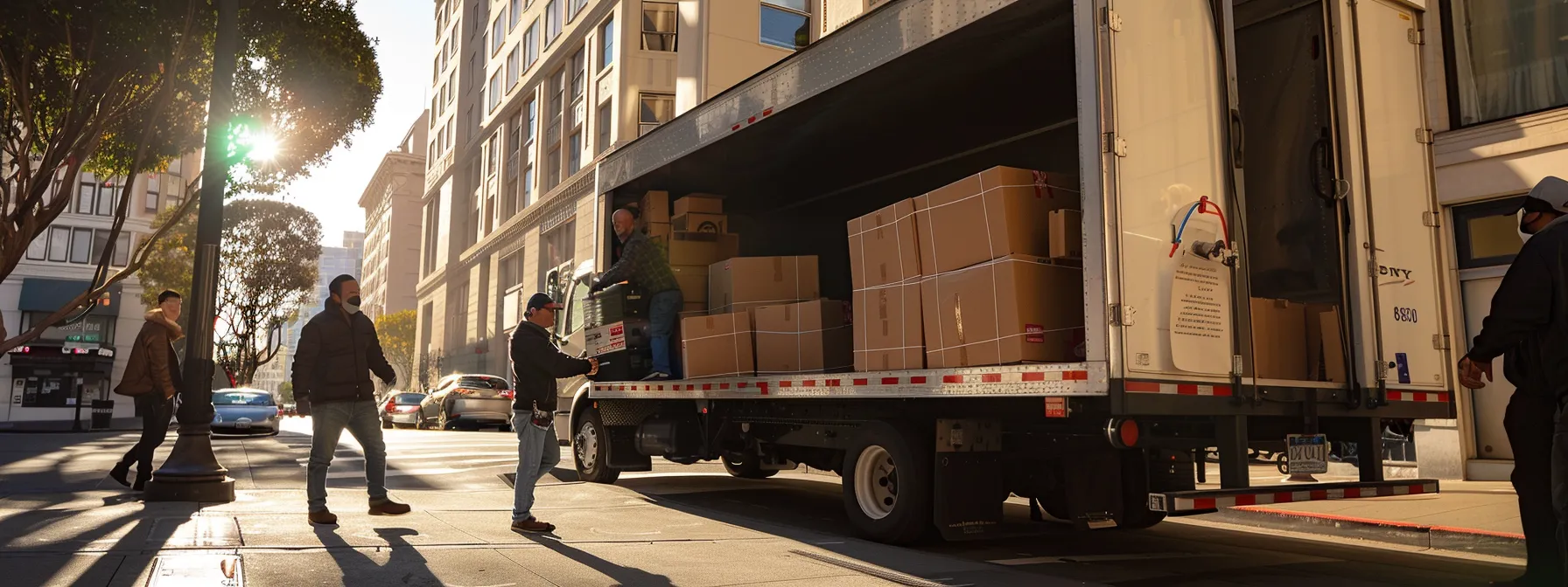 a professional moving crew carefully loading boxes and furniture into a sleek moving truck parked in downtown san francisco.