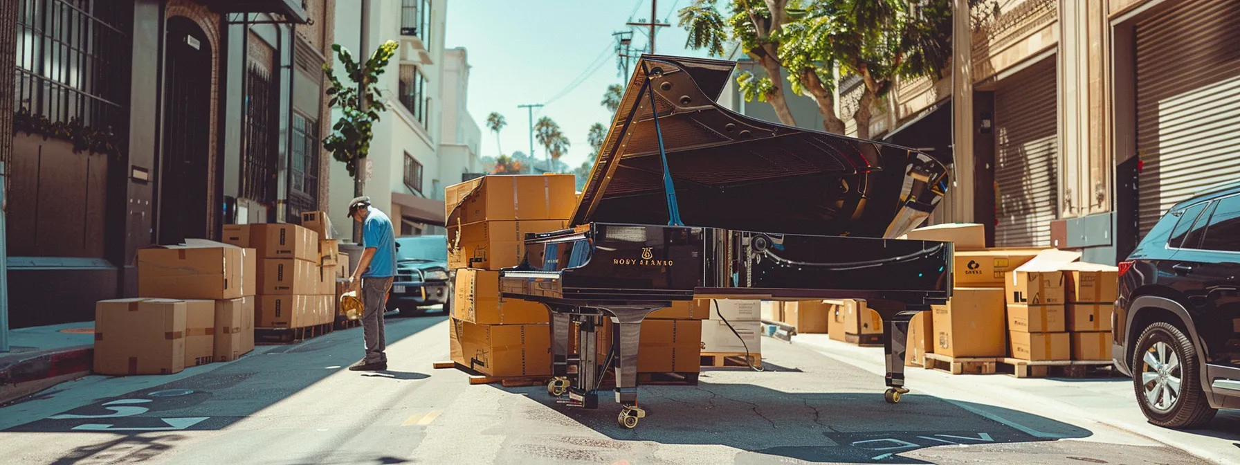 a professional moving crew carefully loading a grand piano onto a moving truck in los angeles, surrounded by boxes and packing materials, showcasing the precision and care required for specialized services. a professional moving crew carefully loading a grand piano onto a moving truck in los angeles, surrounded by boxes and packing materials, showcasing the precision and care required for specialized services.