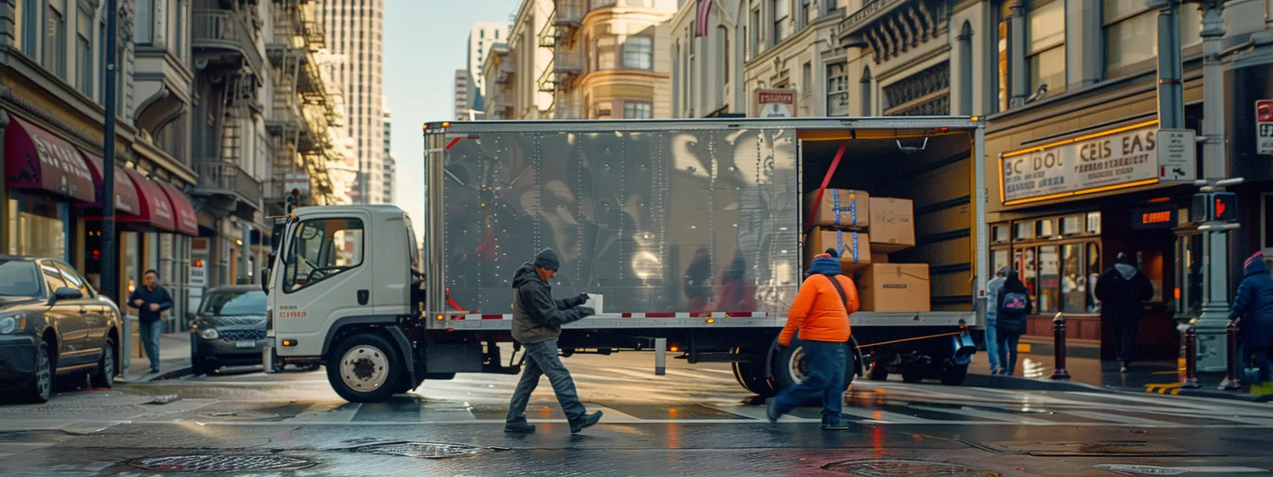 a professional moving crew carefully loading boxes into a moving truck in the bustling streets of downtown san francisco. a professional moving crew carefully loading boxes into a moving truck in the bustling streets of downtown san francisco.