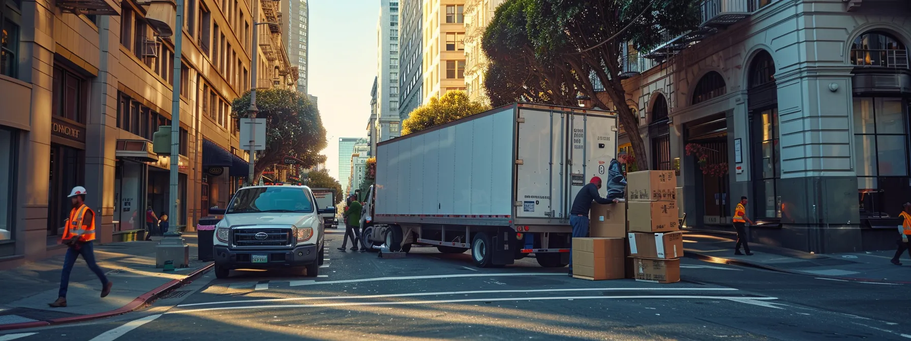 a professional moving crew carefully loading boxes onto a moving truck in the vibrant streets of downtown san francisco.