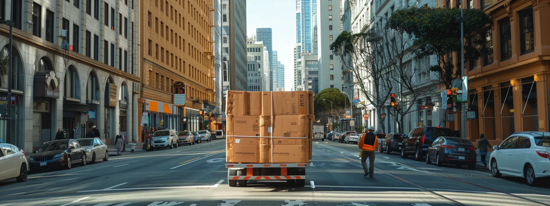 a professional moving crew efficiently transports office furniture through the bustling streets of downtown san francisco, showcasing cost-saving benefits of expert movers in a vibrant urban setting. a professional moving crew efficiently transports office furniture through the bustling streets of downtown san francisco, showcasing cost-saving benefits of expert movers in a vibrant urban setting.