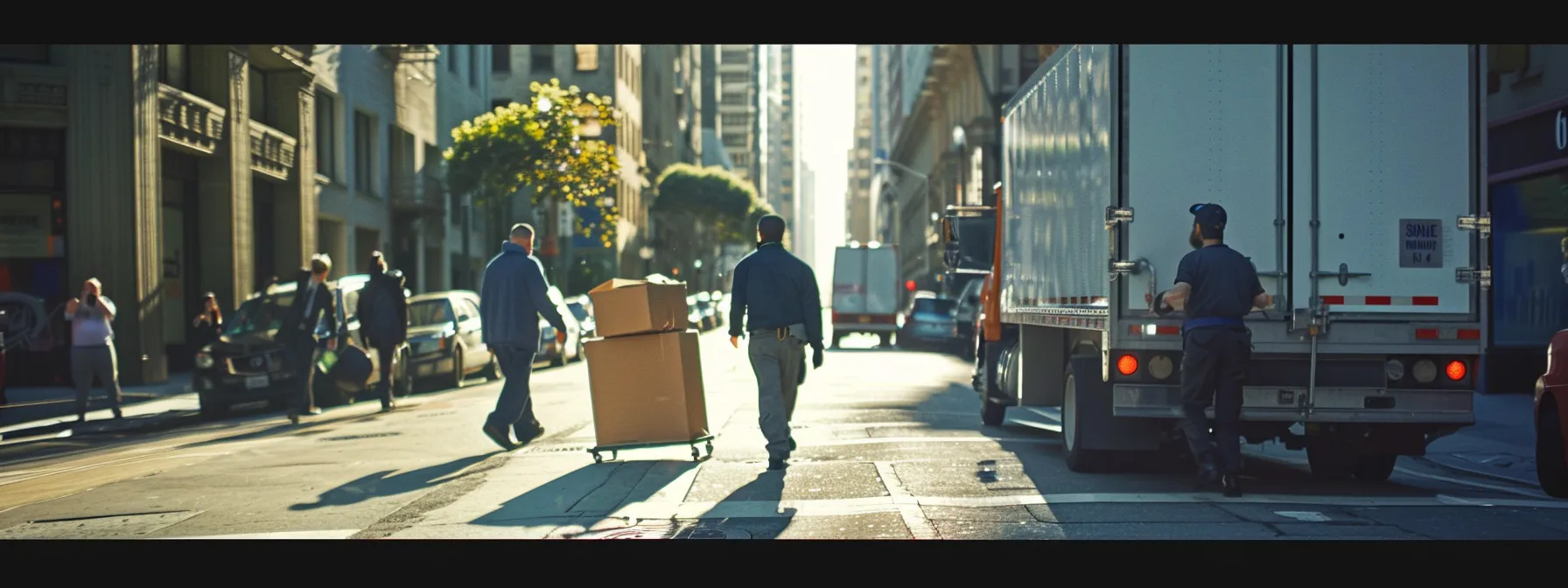 a professional moving crew expertly maneuvering through the bustling streets of downtown san francisco, ensuring the safe transport of furniture and belongings. a professional moving crew expertly maneuvering through the bustling streets of downtown san francisco, ensuring the safe transport of furniture and belongings.
