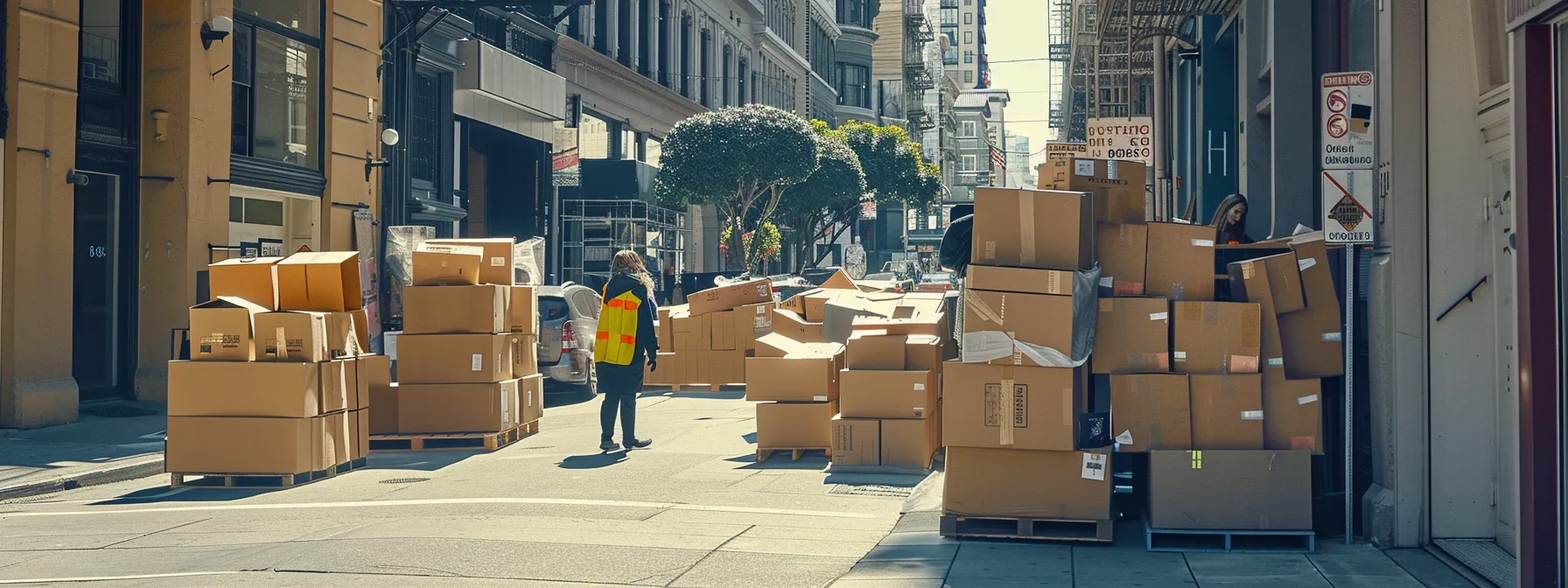 a professional moving crew surrounded by stacks of labeled moving boxes in the bustling downtown of san francisco. a professional moving crew surrounded by stacks of labeled moving boxes in the bustling downtown of san francisco.