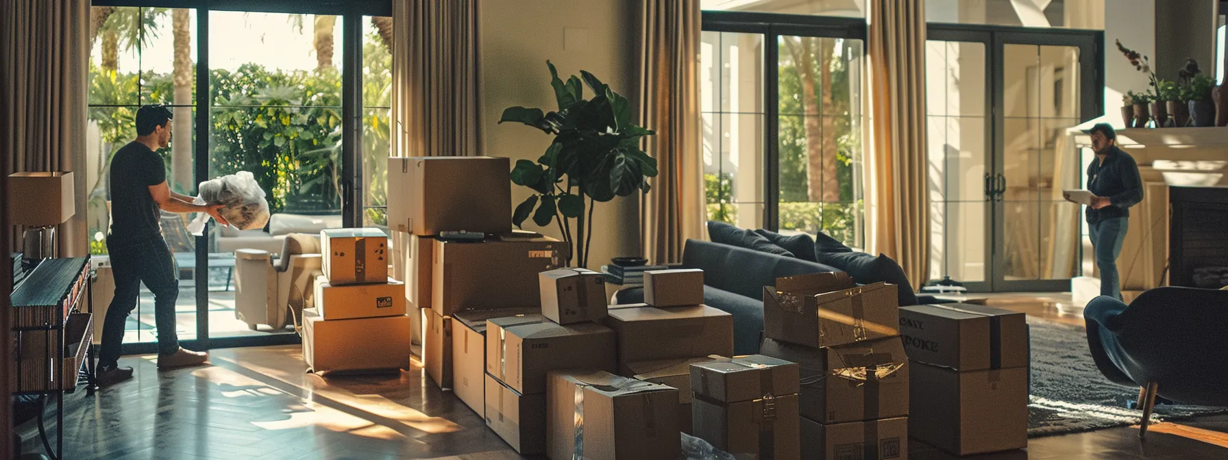 a professional moving team carefully packing delicate items in a spacious living room in orange county. a professional moving team carefully packing delicate items in a spacious living room in orange county.
