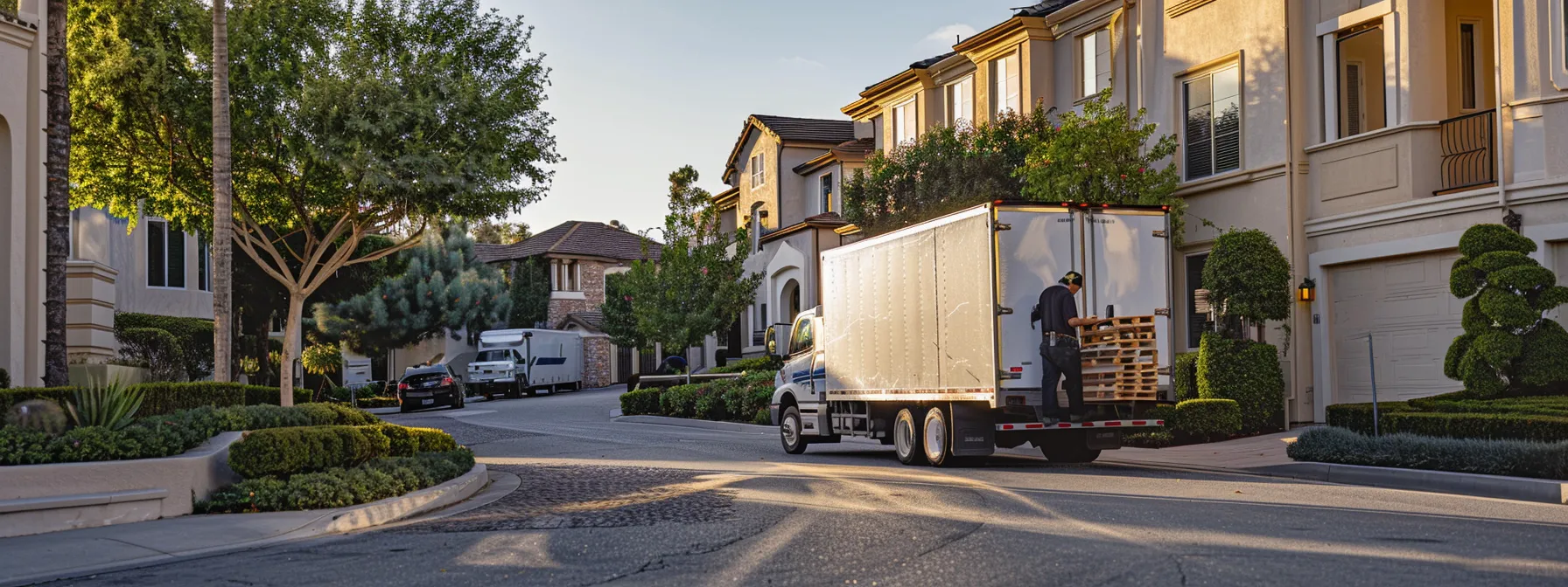 a professional moving team carefully loading furniture into a white moving truck parked in an upscale neighborhood in irvine, ca. a professional moving team carefully loading furniture into a white moving truck parked in an upscale neighborhood in irvine, ca.