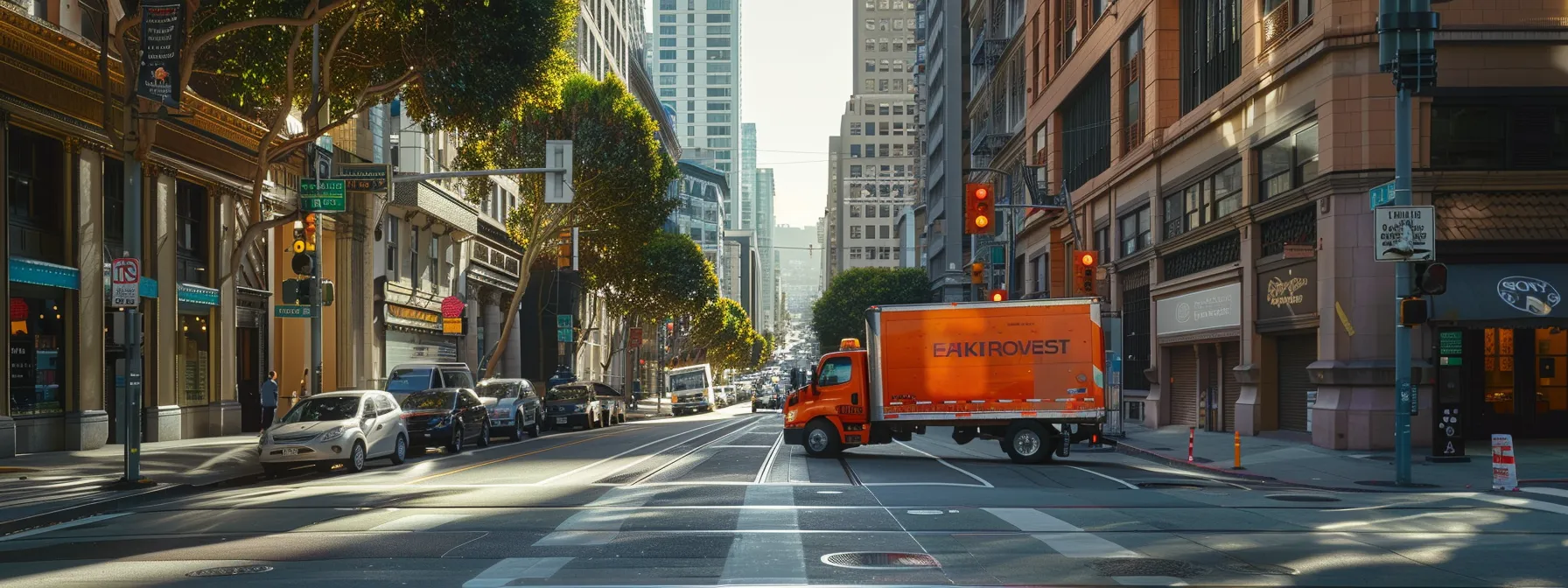 a professional moving team expertly maneuvering through the bustling streets of downtown san francisco. a professional moving team expertly maneuvering through the bustling streets of downtown san francisco.
