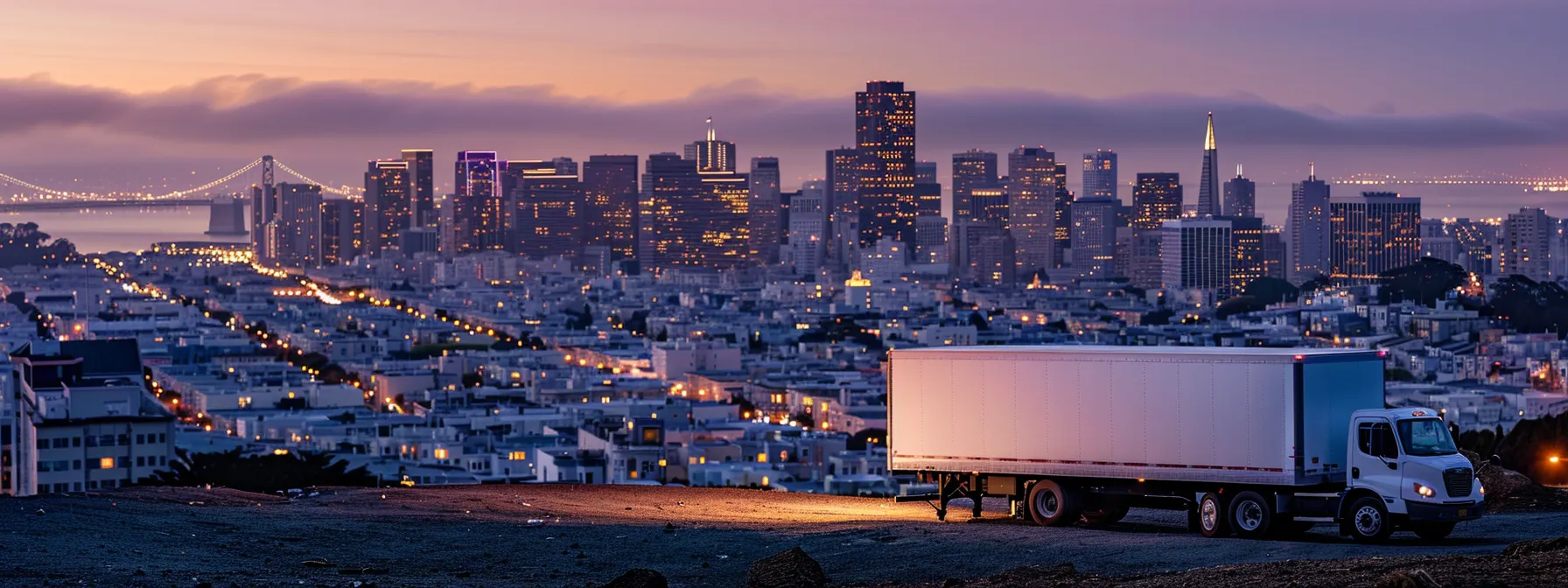 a professional moving truck parked in front of a san francisco skyline backdrop, ready for a cross-country relocation to los angeles or austin.