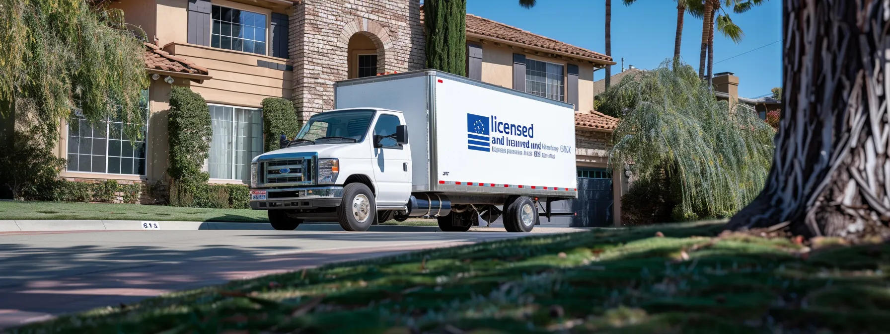 a professional moving truck parked in front of a suburban home in irvine, ca, featuring a bold logo with a professional moving truck parked in front of a suburban home in irvine, ca, featuring a bold logo with
