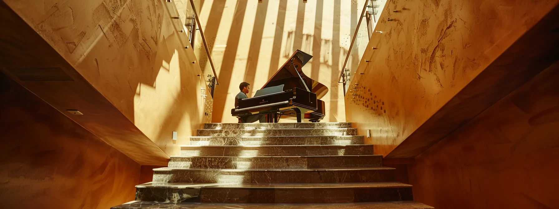 a professional piano mover carefully maneuvering a grand piano through a narrow staircase in irvine, ca. a professional piano mover carefully maneuvering a grand piano through a narrow staircase in irvine, ca.