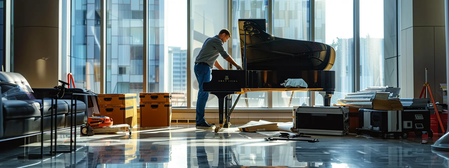a professional piano mover carefully securing a grand piano with specialized equipment in a spacious, well-lit room.
