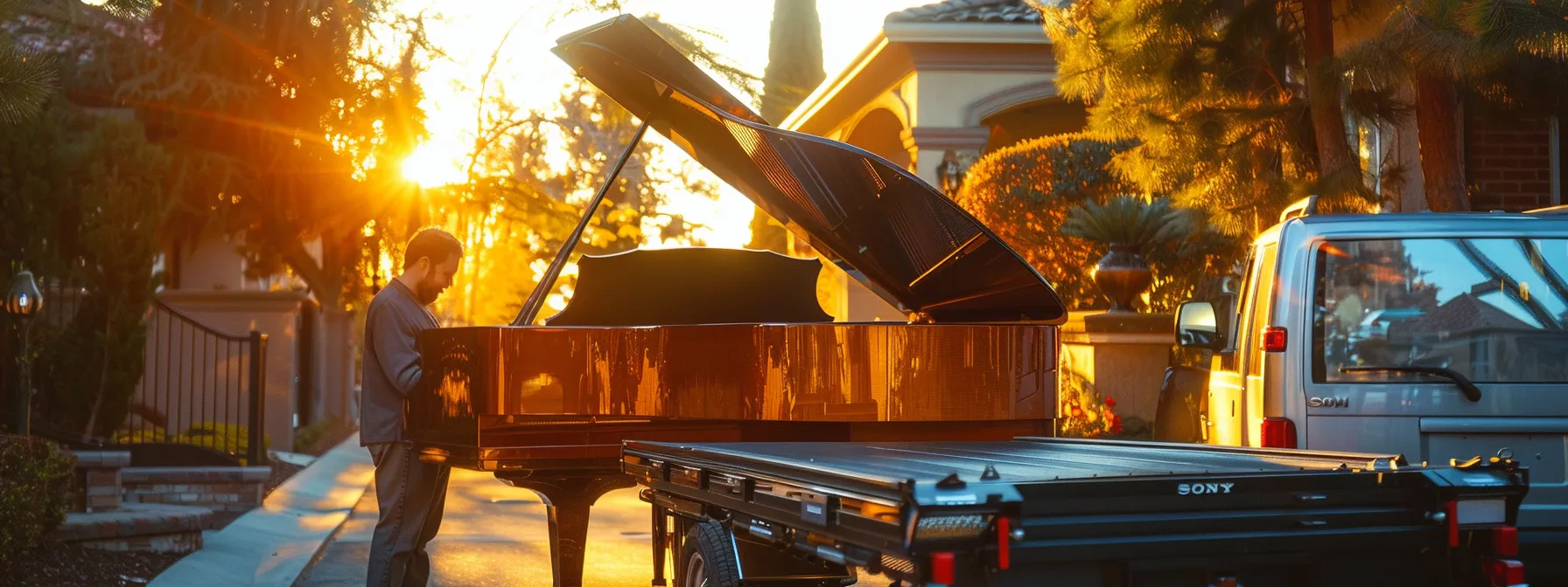 a professional piano mover carefully securing a grand piano onto a specialized moving truck in irvine, ca. a professional piano mover carefully securing a grand piano onto a specialized moving truck in irvine, ca.