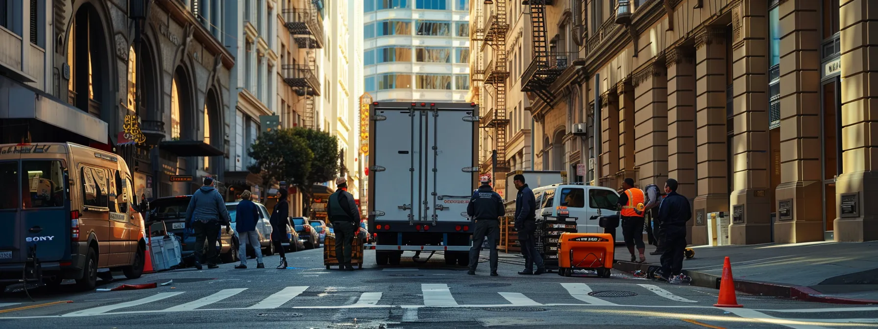 a professional team of office movers navigating steep streets of downtown san francisco with specialized equipment for a smooth relocation process. a professional team of office movers navigating steep streets of downtown san francisco with specialized equipment for a smooth relocation process.