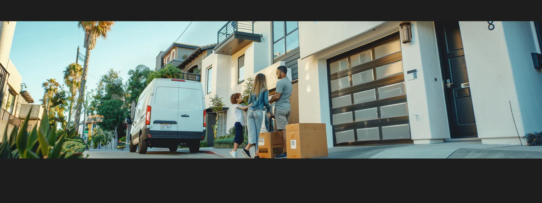 a reliable moving company representative providing a transparent estimate to a family outside a los angeles condominium. a reliable moving company representative providing a transparent estimate to a family outside a los angeles condominium.