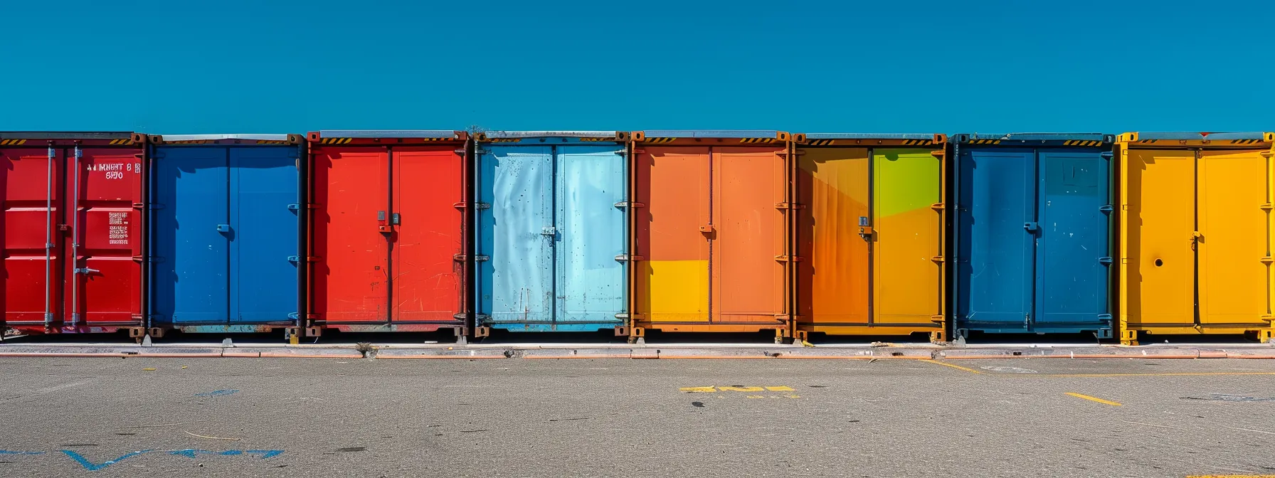 a row of brightly colored portable storage containers lined up neatly under the california sun in irvine, ca. a row of brightly colored portable storage containers lined up neatly under the california sun in irvine, ca.