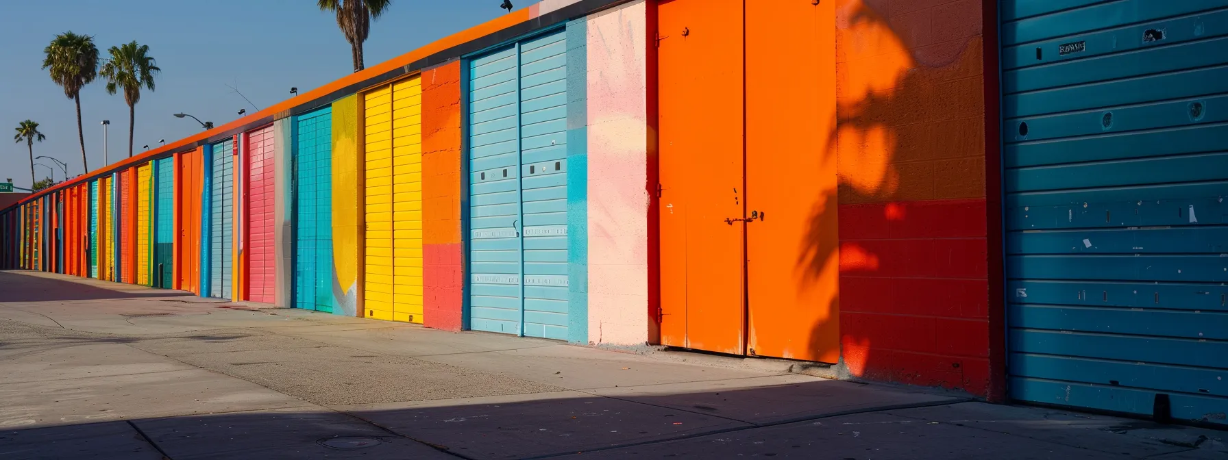a row of brightly colored secure storage units with easy access, located near public transportation and highways in los angeles. a row of brightly colored secure storage units with easy access, located near public transportation and highways in los angeles.