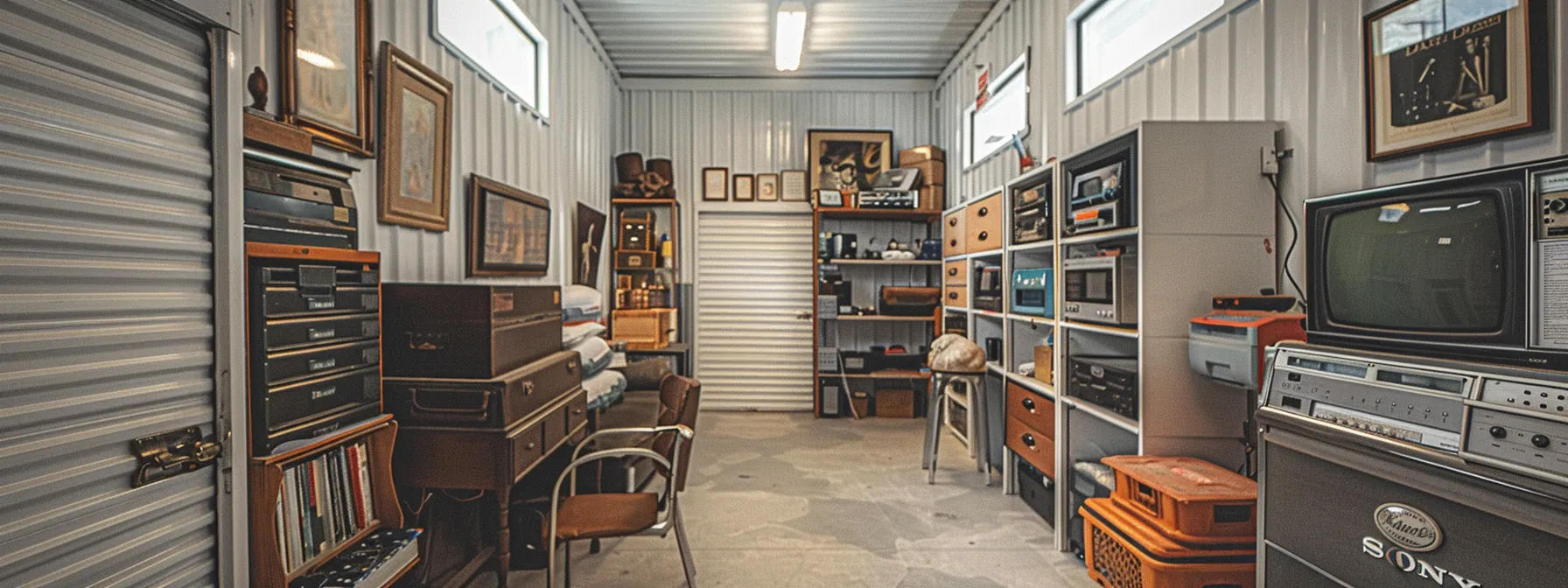 a row of climate-controlled storage units in orange county, with a variety of electronic devices, artwork, and antiques neatly organized inside. a row of climate-controlled storage units in orange county, with a variety of electronic devices, artwork, and antiques neatly organized inside.