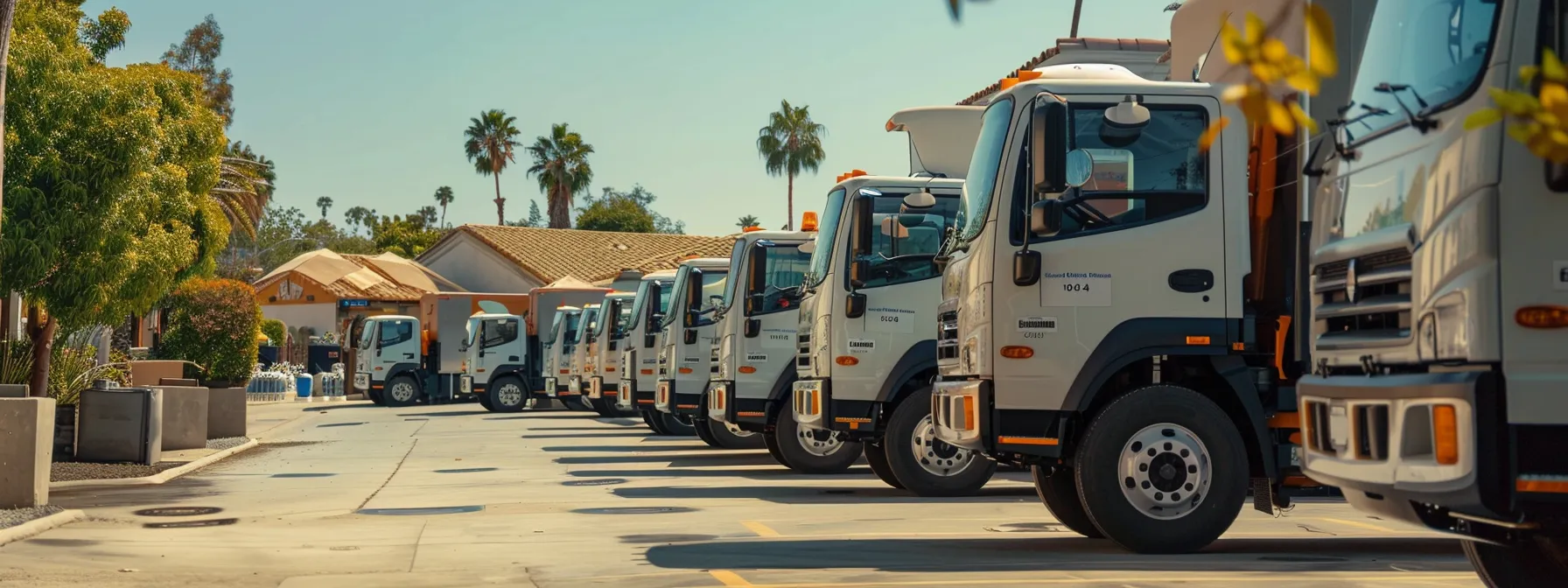a row of moving trucks lined up in an industrial yard, showcasing the experience and reputation of orange county moving services with logos of industry accreditations and awards on display. a row of moving trucks lined up in an industrial yard, showcasing the experience and reputation of orange county moving services with logos of industry accreditations and awards on display.