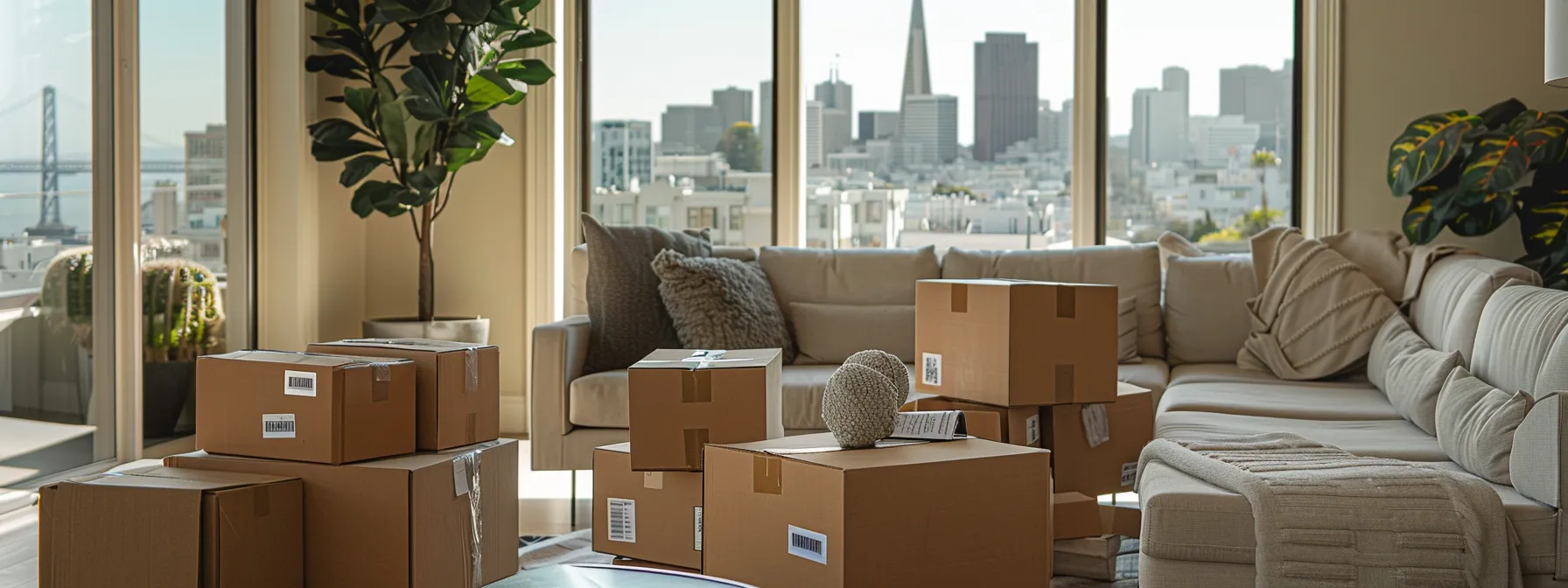 a serene living room with moving boxes neatly labeled and stacked, overlooking the iconic skyline of downtown san francisco. a serene living room with moving boxes neatly labeled and stacked, overlooking the iconic skyline of downtown san francisco.