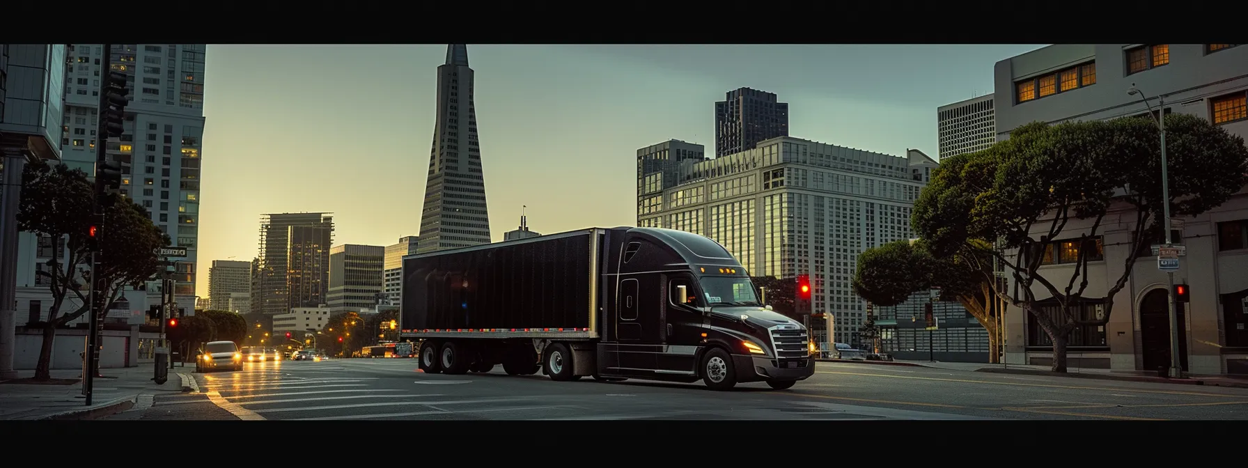 a sleek black moving truck parked in front of the iconic transamerica pyramid in downtown san francisco, ready to assist a business with their relocation needs.