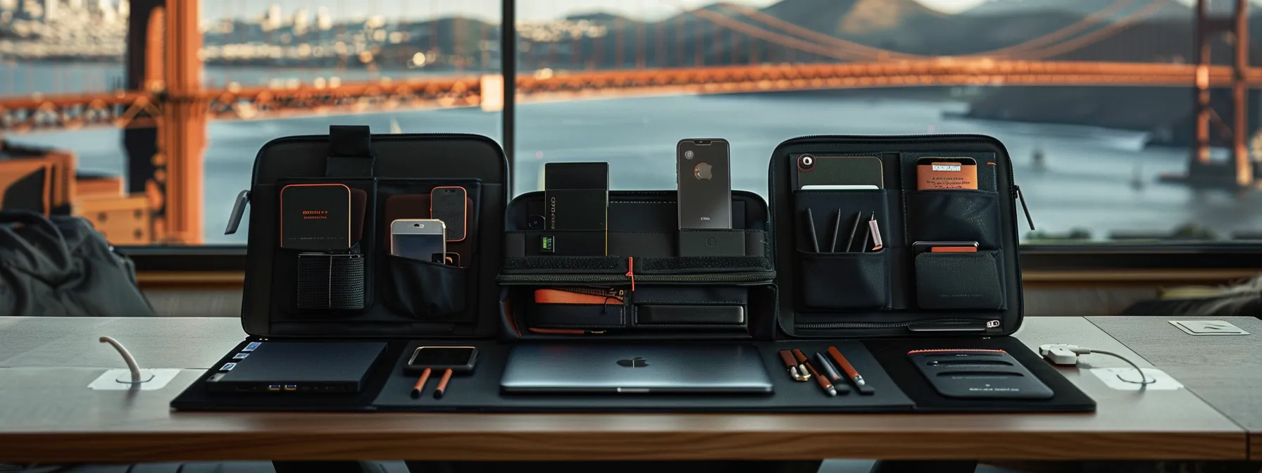 a sleek black tech organizer neatly holding essential gadgets and chargers with the iconic golden gate bridge in the background, showcasing efficient organization for busy san franciscans on-the-go in downtown san francisco. a sleek black tech organizer neatly holding essential gadgets and chargers with the iconic golden gate bridge in the background, showcasing efficient organization for busy san franciscans on-the-go in downtown san francisco.