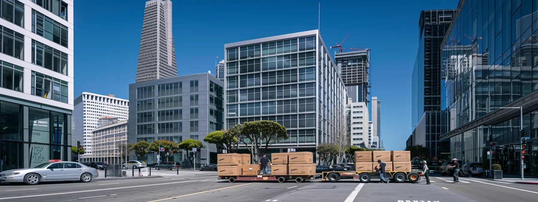a sleek, modern office building with movers transporting boxes labeled with the company logo, under clear blue skies in downtown san francisco. a sleek, modern office building with movers transporting boxes labeled with the company logo, under clear blue skies in downtown san francisco.